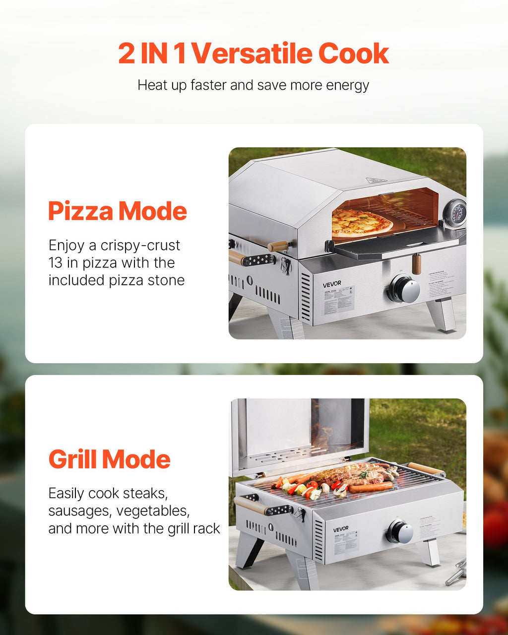 Portable 13” Gas-Fired Pizza Oven – Outdoor Pizza Maker with Built-In Thermometer, Dual Cooking Modes & Premium Pizza Stone