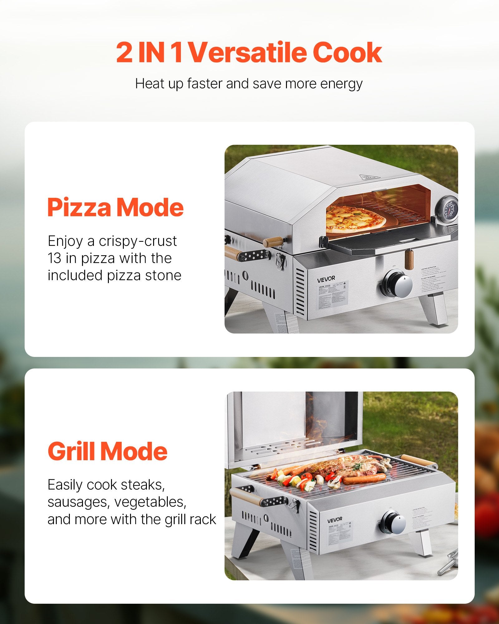 Portable 13” Gas-Fired Pizza Oven – Outdoor Pizza Maker with Built-In Thermometer, Dual Cooking Modes & Premium Pizza Stone
