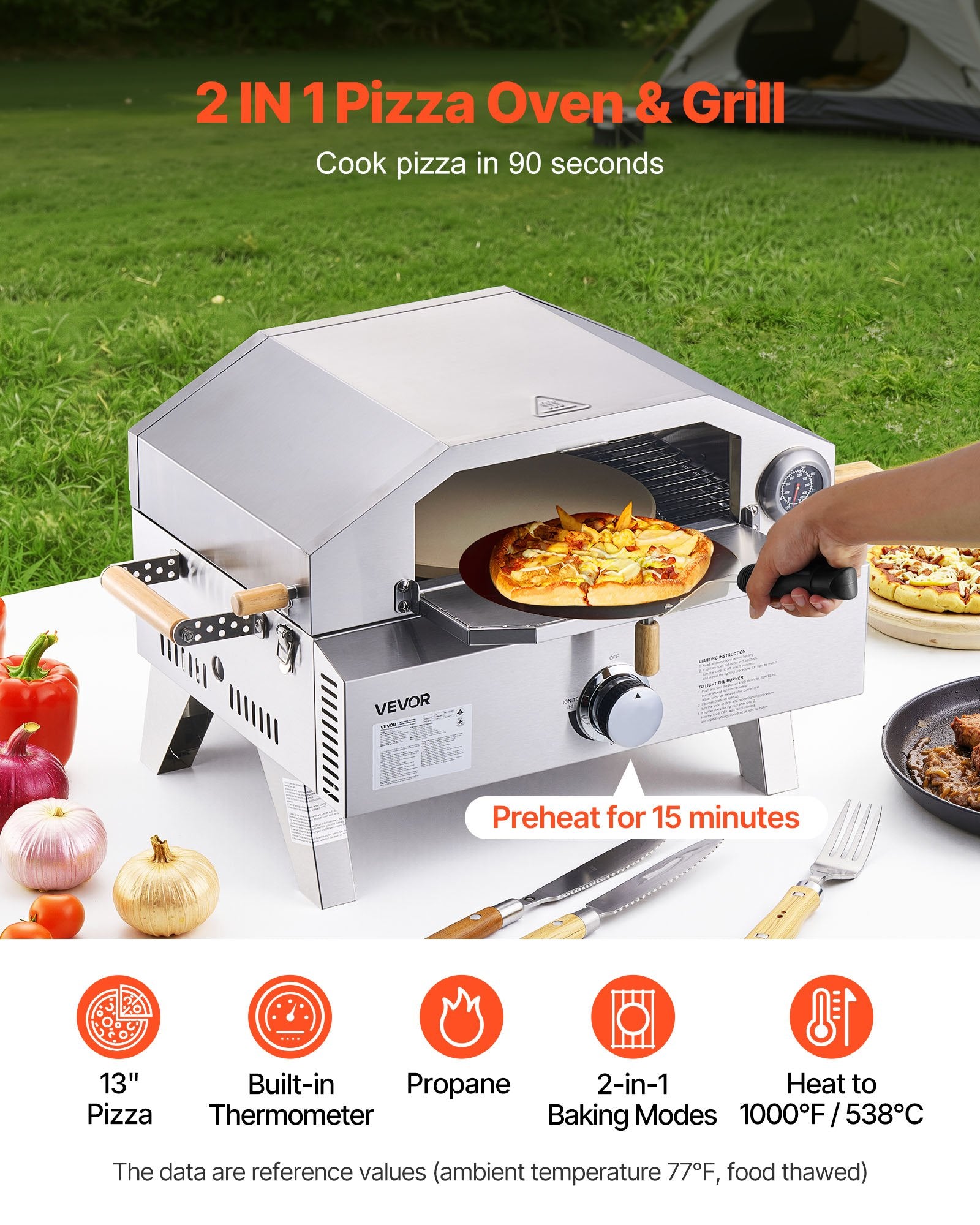 Portable 13” Gas-Fired Pizza Oven – Outdoor Pizza Maker with Built-In Thermometer, Dual Cooking Modes & Premium Pizza Stone