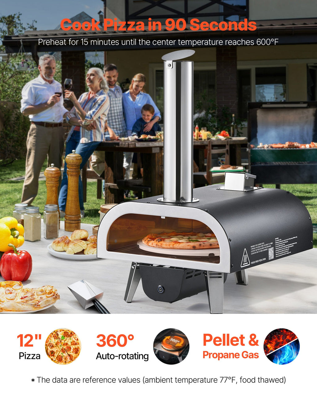 Portable 12” Dual Fuel Pizza Oven – Propane or Wood-Fired Cooking with Auto-Rotation for Backyard & Camping